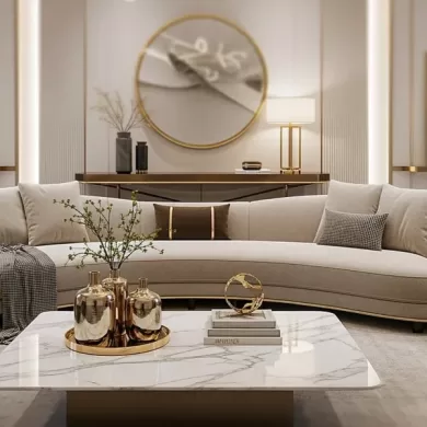 Modern luxury salon tasarımı, kavisli bej koltuk ve gold detaylı mobilyalar